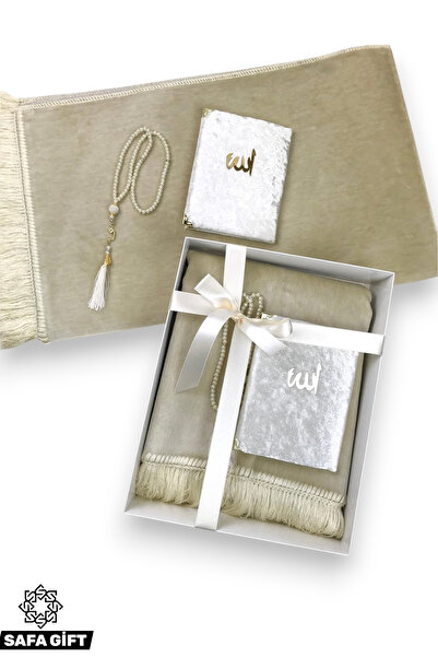 Safa Gift Lüks Çeyizlik Hediyelik Seccade Yasin Tesbih Seti, Kadife Dokulu, Y...