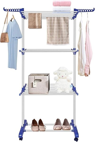 ECVV 4-Tier Foldable Clothes Drying Rack, Stainless Steel, Blue