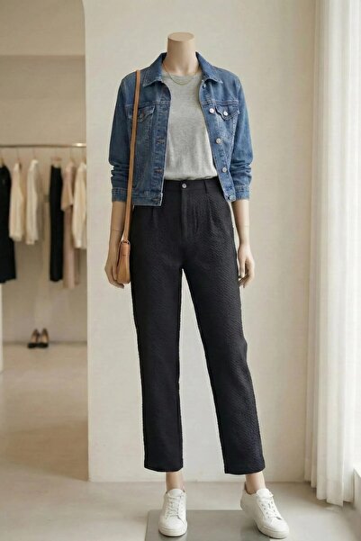 inpool Pile Detailed, Comfortable Fabric, Elastic Waist, Loose, Oversized , Black Pants Sofia