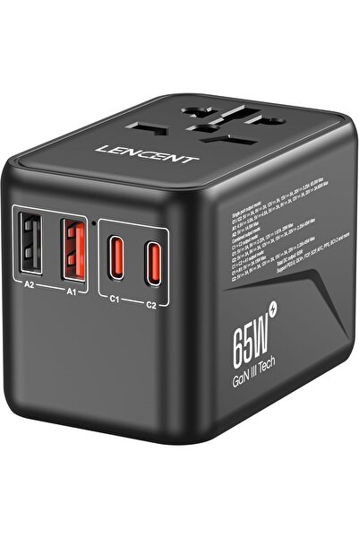 LENCENT محول سفر عالمي، شاحن دولي GaN3 65 واط (أسود)