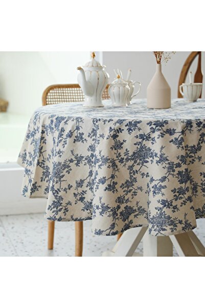 genernic Pastoral Round Tablecloth - 60 Inch Dia. - Floral (Dark Blue)