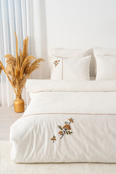 Rivaİstanbul Donna Beige Embroidered Double Cotton Duvet Cover Set - 6 Piece Dowry Set