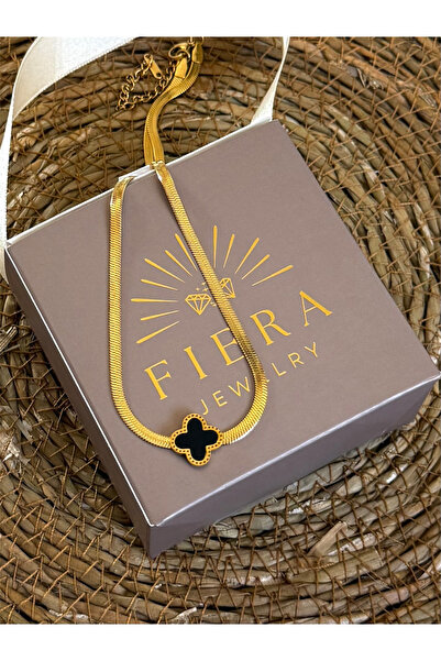FIERA JEWELRY Siyah Çiçek İtalyan Zincir Altın Kaplama Gold Çelik Kadın Kolye