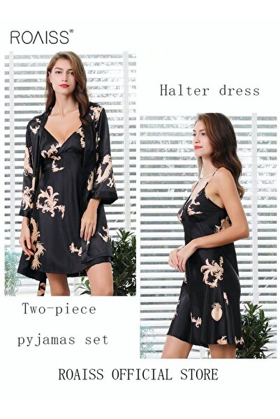 ROAISS Plus Size Slip Dress and Robe for Ladies Silk Dragon Pattern Pajamas B...