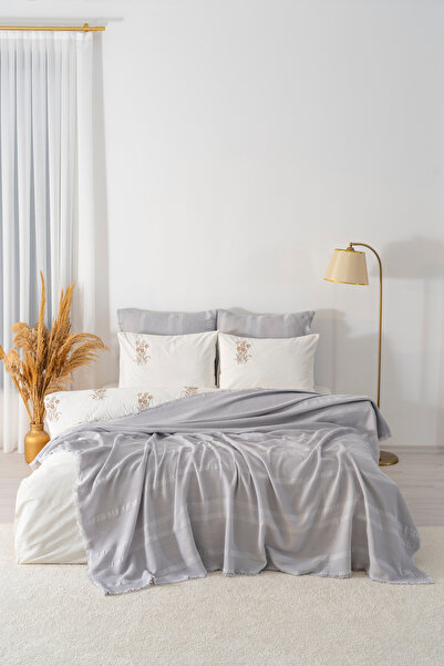 Rivaİstanbul Amara Stone Embroidered Double Size 100% Cotton Duvet Cover Set - 7 Piece Dowry Set