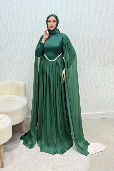 Tesettür Diyarı فستان سهرة نوال مطرز بالأحجار مع عباءة - زمرد