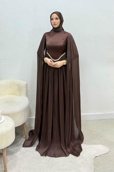 Tesettür Diyarı Nual Pelerinli Taş İşlemeli Tesettür Abiye- Acı Kahve