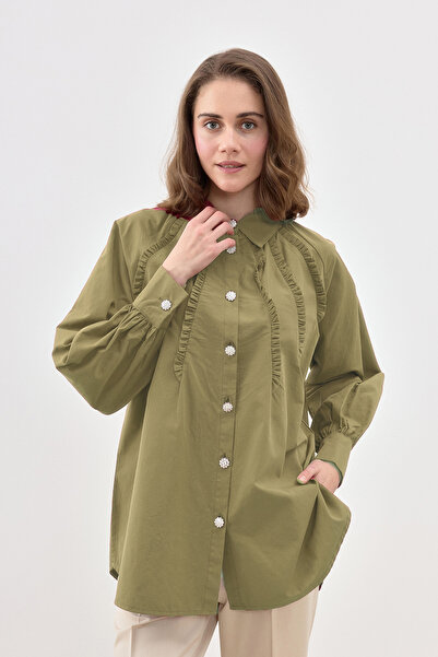 Lale Butik Stoned Button Detailed Shirt Tunic 2844 Khaki