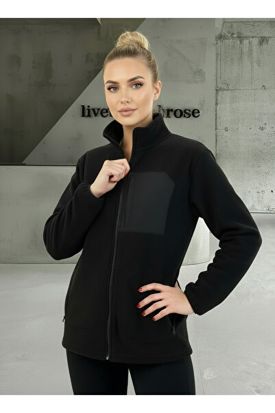 TKT Black Women's Fleece Jacket with Front Piece Detail and 3 Pockets