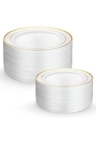 NALACAL أطباق للاستخدام مرة واحدة بحافة ذهبية - عبوة من ١٢٠ طبقًا (٦٠ × ١٠.٢٥...