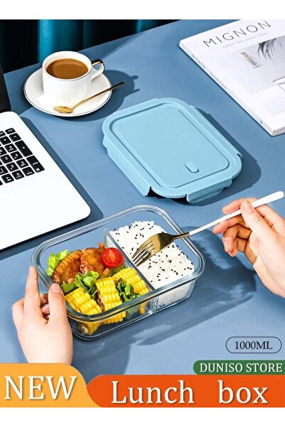 DOMEET Microwave High Borosilicate Glass Lunch Box 1000ML - 2 Compartment with Lid (Rock Blue)