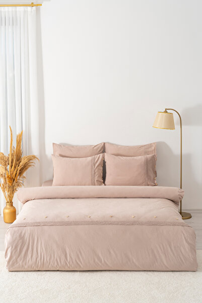 Rivaİstanbul Grace Cappuccino Guipure Double Size 100% Cotton Duvet Cover Set - 6 Piece Dowry Set