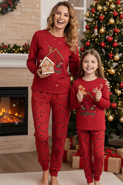ELİTOL Thermal Christmas House Embroidered Mother-Daughter Pajama Set
