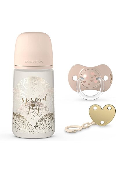 Suavinex زجاجة رضاعة مع حلمة سيليكون، لهاية ومشبك، 0-6 أشهر، 270 مل، وردي