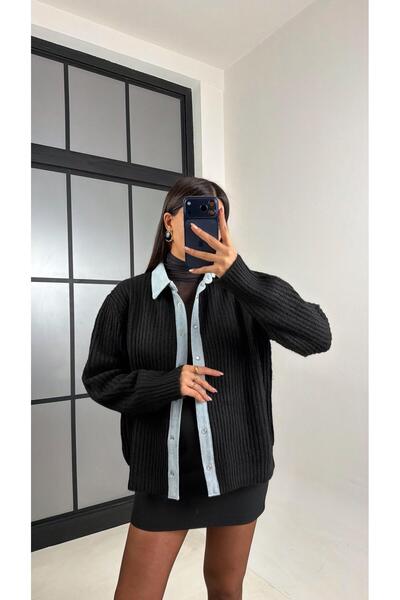 Gaus كارديجان محبوك بتفاصيل الدنيم الأسود GAUS-00792