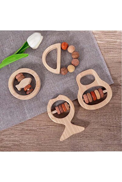 Generic BEACENOV Wooden Montessori Baby Rattles for 0-12 Months (Set of 4)