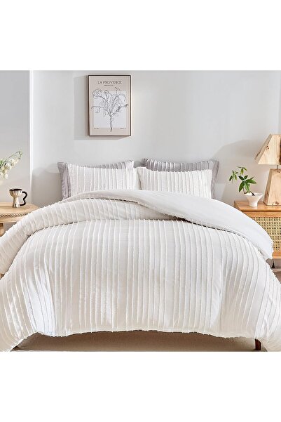 Generic WARMDERN White Boho Duvet Cover Set, Queen, Striped Textured Washed M...