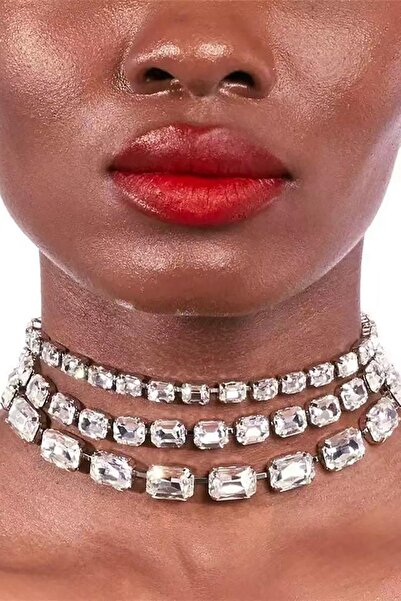 TAKIŞTIR Gümüş Renk Taş Detaylı Tasarım Abiye Kolye