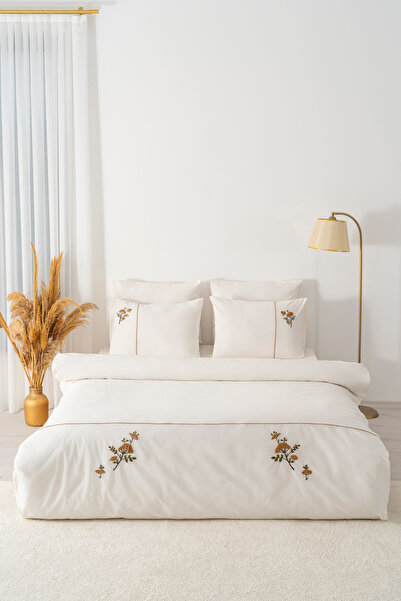Rivaİstanbul Donna Beige Embroidered Double Cotton Duvet Cover Set - 6 Piece Dowry Set
