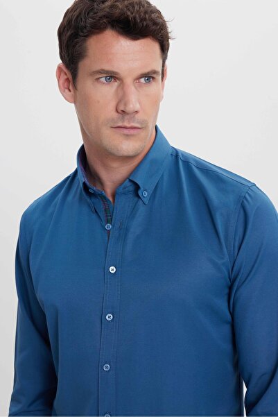 Tudors Men's Slim Fit Slim Fit Long Sleeve Cotton Oxford Texture Easy-Iron Petrol Button-Down Collar Shirt