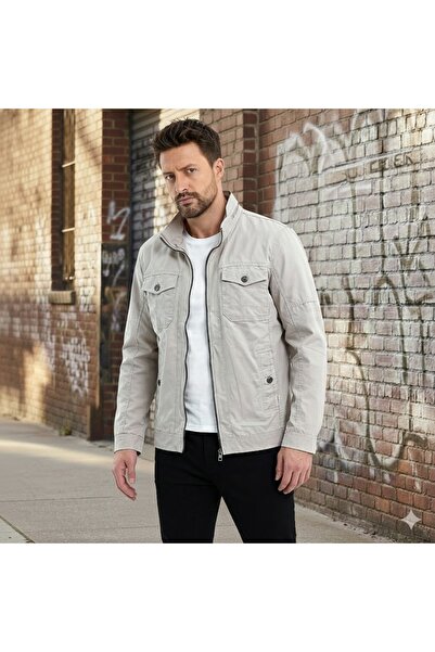 DYNAMO Comfortable Fit Mock Neck Stylish Slim Linen Coat with Front Zipper, Lined Interior, and Flap Pockets