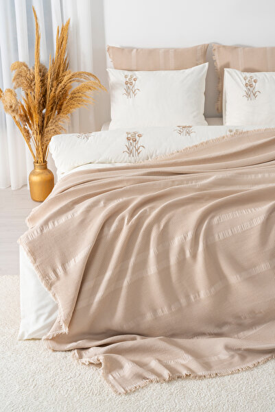 Rivaİstanbul Amara Cappuccino Embroidered Double Size 100% Cotton Duvet Cover Set - 7 Piece Dowry Set