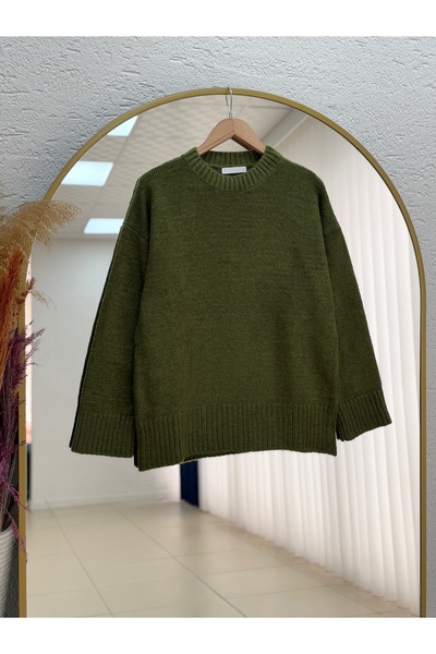 BENAHOLL Ferera Sleeve Tip and Below Corded Fabric Knitted Sweater-Zi̇6213 Khaki