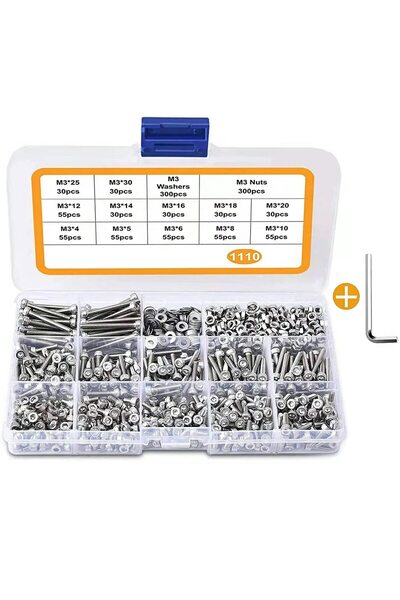 EXCEFORE 1110pcs M3 Stainless Steel Screw, Bolt, Nut and Washer Assortment Ki...