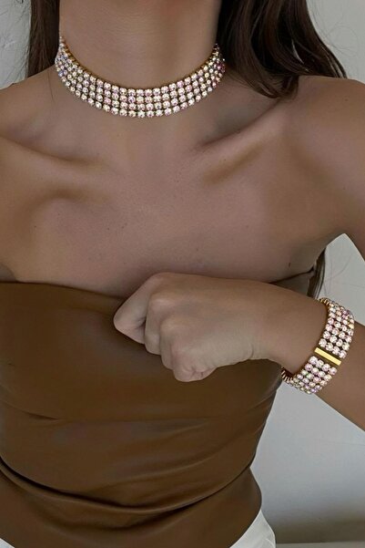 TAKIŞTIR Altın Renk Taş Detaylı Choker Kolye Ve Bileklik Set