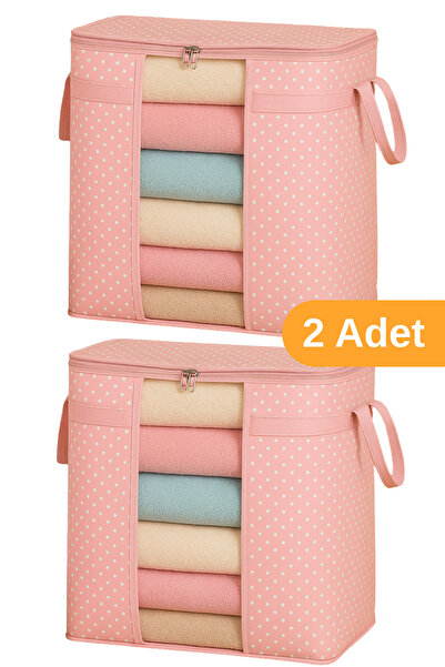 Serstil 2 Adet - Pencereli Saklama Çantası 50 X 45 X 30 Cm - Pembe Benekli