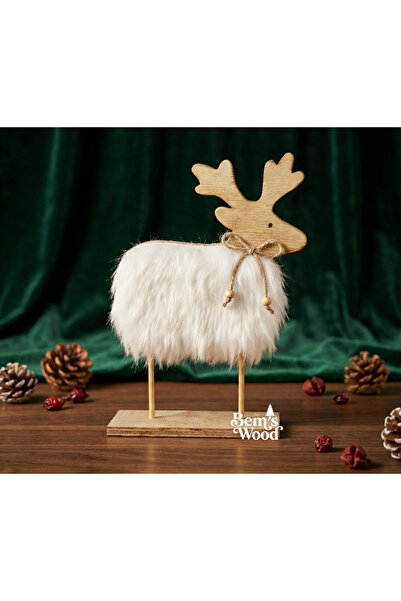 Bem's Wood Zarif Ahşap & Beyaz Peluş Yılbaşı Geyiği