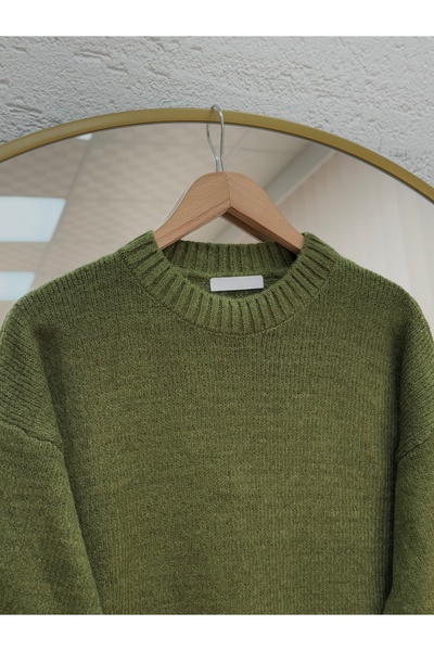 BENAHOLL Ferera Sleeve Tip and Below Corded Fabric Knitted Sweater-Zi̇6213 Khaki