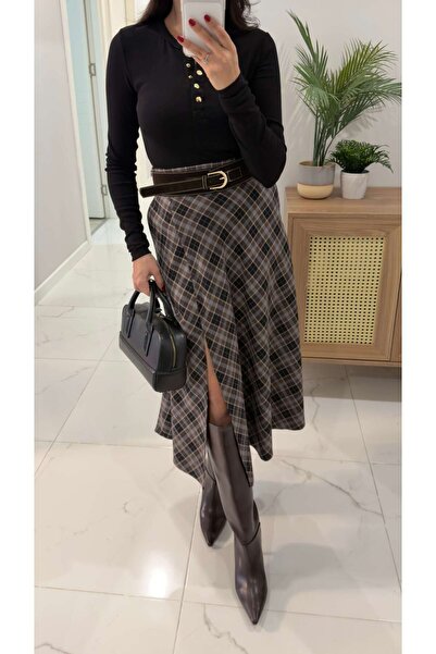 BİRCANÇİL Tobra Brown Black Front Slit Plaid Skirt