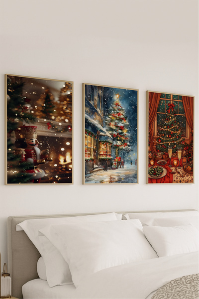 VOBA STORE 3 ADET YILBAŞI TEMALI ÇAM AĞACI BASKILI ÇERÇEVE GÖRÜNÜMLÜ MDF TABLO SETİ-132