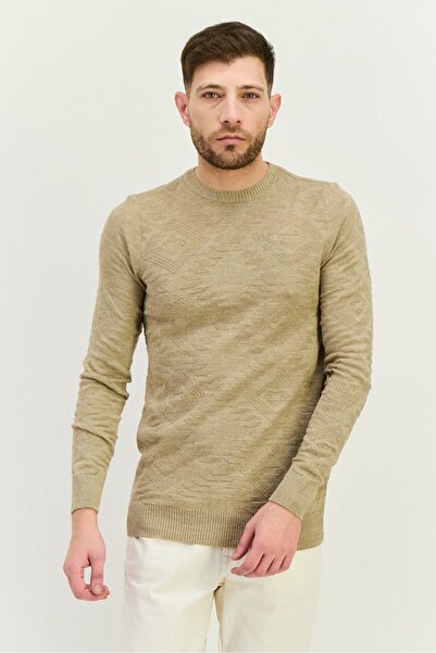 Trendyol Collection Men Crew Neck Long Sleeve Knitted Sweater, Beige