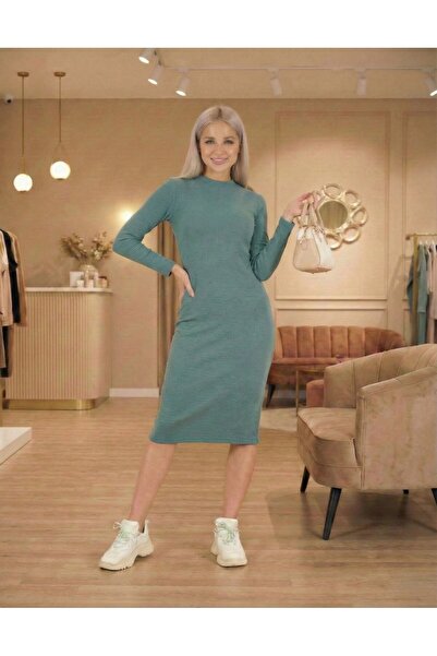 CrazyShopping Rochie pentru femei guler ridicat Bodycon cu mânecă lungă din material subțire tricotaj cu striații Mini lungime-albastru