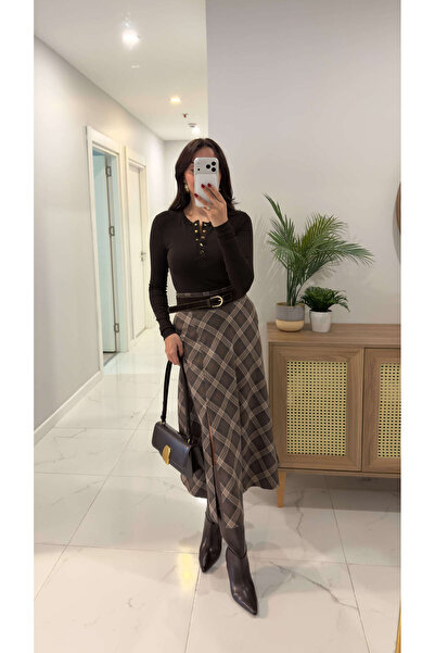 BİRCANÇİL Juyle Brown Beige Front Slit Panel Skirt