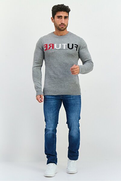 Trendyol Collection Men Ribbed Neck Knitted Sweater, Grey