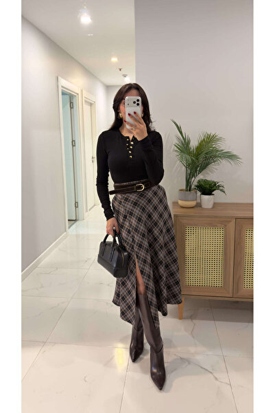 BİRCANÇİL Tobra Brown Black Front Slit Plaid Skirt