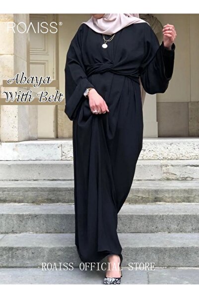ROAISS Abaya with Belt for Women Ladies Long Sleeve Dress Classic Style Long ...