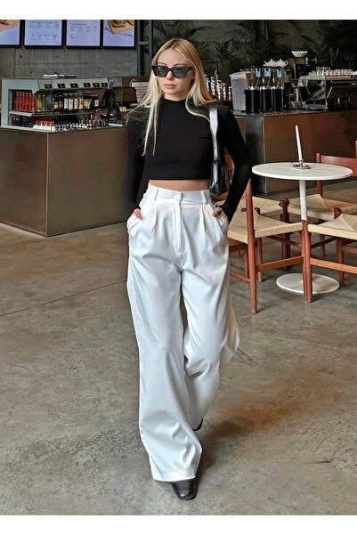 SHEZAN MODA Women's White High Waist Pleated Plazzo Fabric Pants Stl-10004756