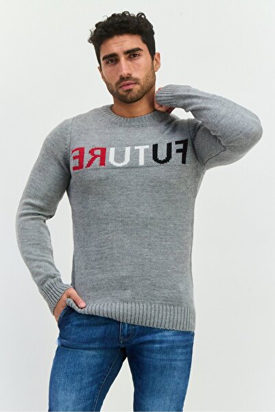 Trendyol Collection Men Ribbed Neck Knitted Sweater, Grey