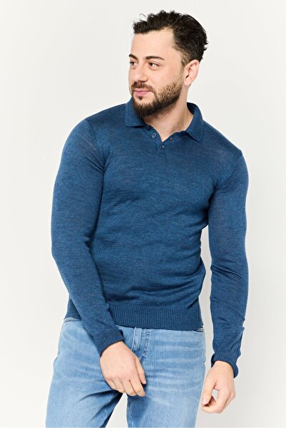 Trendyol Collection Men Knitted Half Button Sweater, Blue Heather