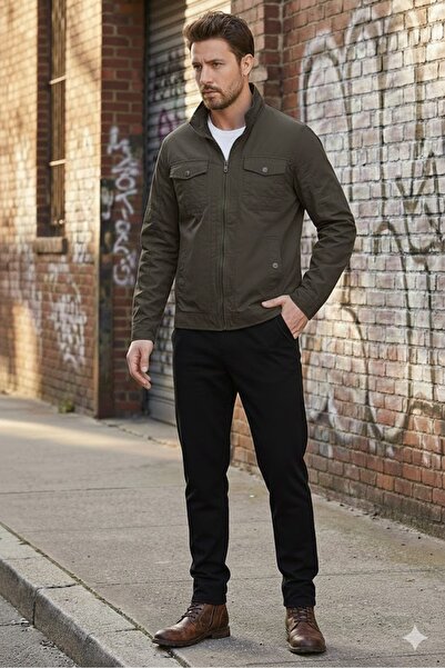 DYNAMO Comfortable Fit Mock Neck Stylish Slim Linen Coat with Front Zipper, Lined Interior, and Flap Pockets