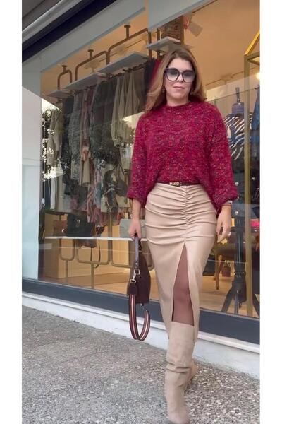 vanillabyilkay BEJ ÖNDEN BÜZGÜLÜ DERİ ETEK