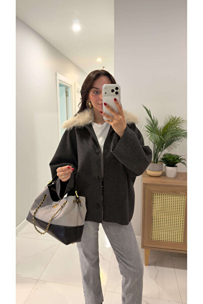 BİRCANÇİL Tita Anthracite Fur Collar Jacket