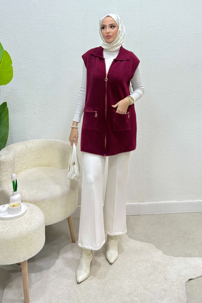 Tesettür Diyarı Hisel Fermuarlı Cepli Peluş Tesettür Yelek- Bordo Standart (36-42 Uyumlu)