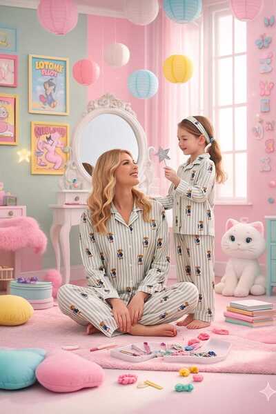 forte bella Patterned Mother-Daughter Top and Bottom Pajama Set