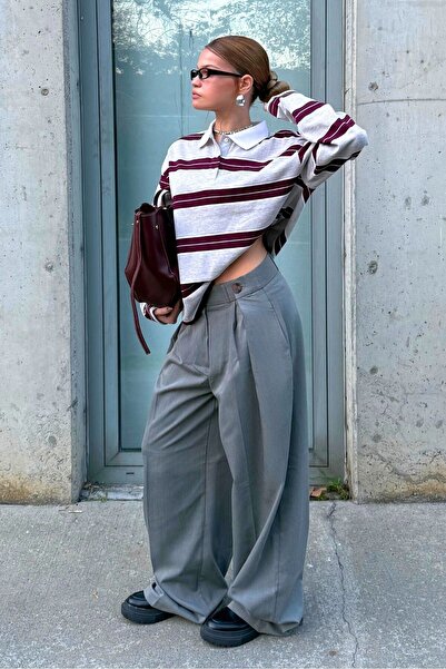 bases. Oversize Çizgili Polo Yaka Kalın T-Shirt