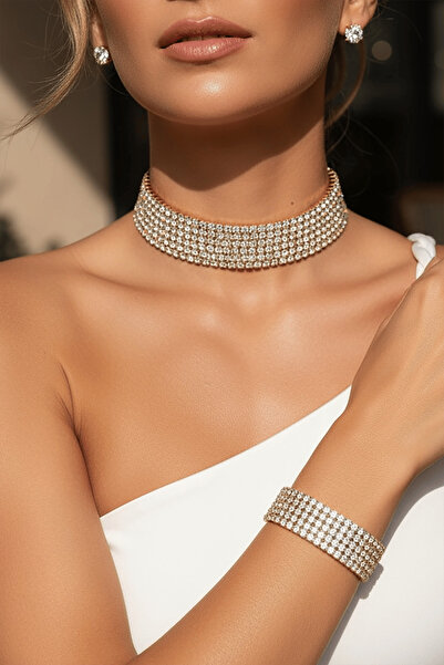 TAKIŞTIR Altın Renk Taş Detaylı Kolye Küpe ve Bileklik Set